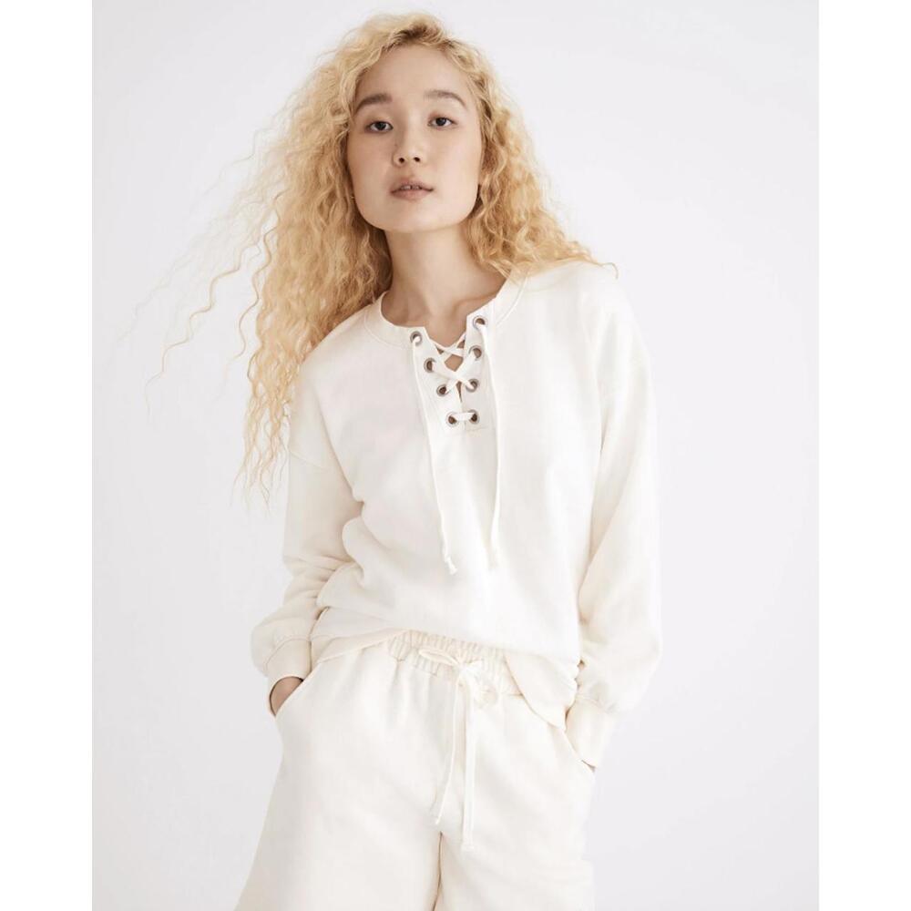 Madewell Cream Cotton-Hemp Lace-Up Sweatshirt - Size - Small